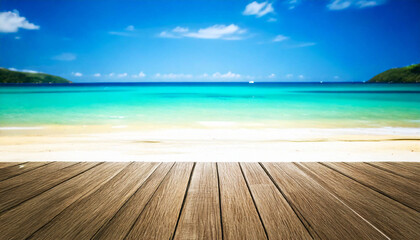 Fototapeta premium Weathered wood planks in front of tropical beach, product display mock up