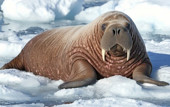 A large walrus with prominent tusks rests on an ice floe in the Arctic, its wrinkled skin and whiskers clearly visible against the icy blue background