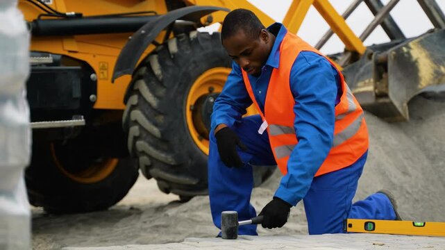 African American worker installing paving stones near heavy machinery