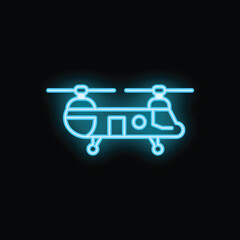 Blue neon sign of a twin rotor military helicopter glowing on a black background