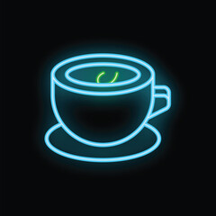 Neon sign of a blue cup with green tea on a saucer, glowing on a dark background