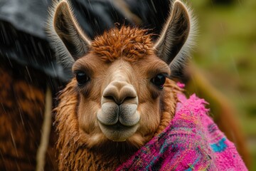 Obraz premium lama of a caravan in the Andean rain near Cusco Peru
