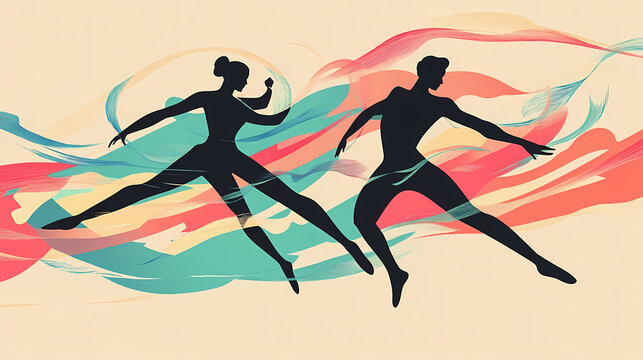 A minimalist depiction of jive dancers in motion, with abstract swooshes to emphasize movement and flow. Movement and Flow. Illustration