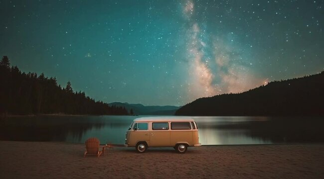 A serene evening unfolds by the lakeside. A vintage camper van sits quietly on the sandy shore, while a single chair invites relaxation, surrounded by majestic trees and a starry sky