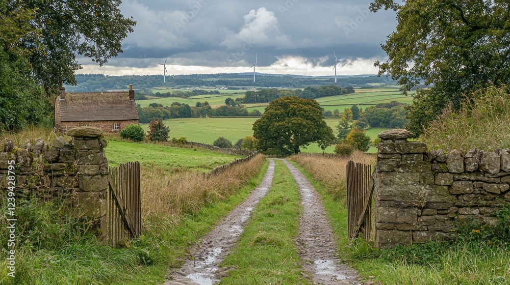 Poster a winding dirt path invites visitors towards a quaint farmhouse, framed by lush fields and distant w