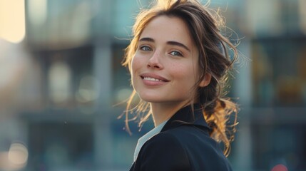 Obraz premium Empowered female in a sleek suit, smiling happily while looking to the side, in an urban outdoor environment