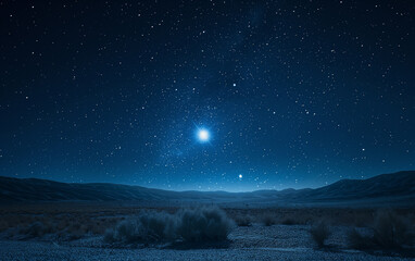 Fototapeta premium A serene night sky filled with stars over rolling desert hills. Perfect for themes of tranquility, stargazing, and natural wonders.