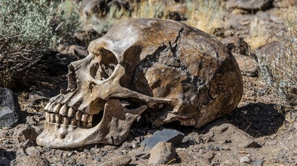 A weathered skull lies on the ground, surrounded by rocky terrain and sparse desert vegetation. The sun casts natural light, revealing its age and intricate details against the arid landscape