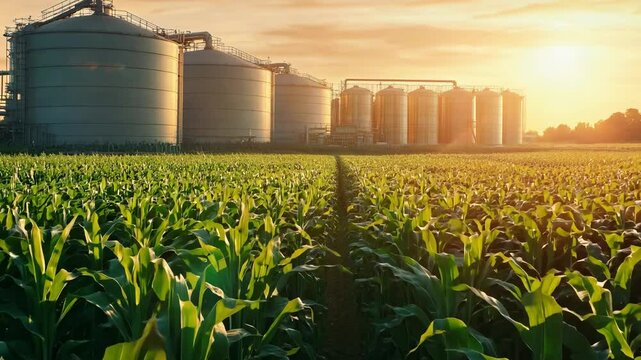 Lush cornrows leading to large silos in a beautiful agricultural setting at sunset, showcasing farming life and productivity