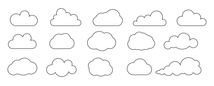 Line cloud shapes set. Simple outline clouds. Abstract contour cloudy sketch collection isolated PNG