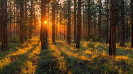 Obraz premium Golden rays of sunlight filtering through a dense forest, casting a warm glow on the foliage and the ground below