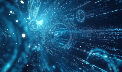 Obraz premium Futuristic gears digital data stream, abstract background, technology concept