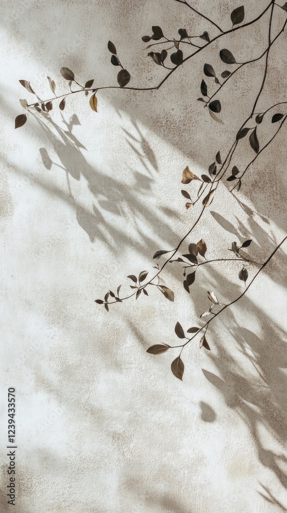 Aufkleber delicate branches with dried leaves reach across a pale gray textured surface, casting intricate sha