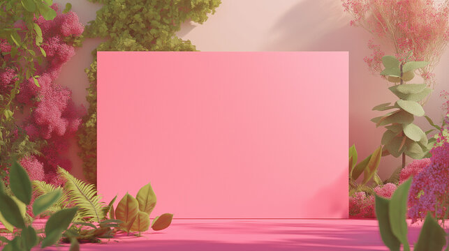 pink rectangular blank banner , pink background , promotional banner mockup , minimalist design for advertising , plants in place
 - Powered by Adobe