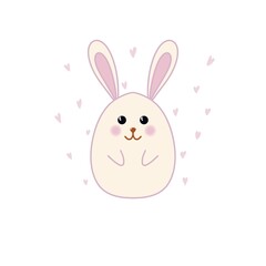 A cute bunny-shaped egg surrounded by pink pastel hearts on a white background