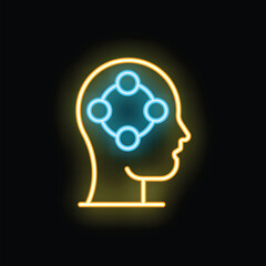 Neon sign of a human head profile with a brain activity symbol, representing thinking, brainstorming and ideas