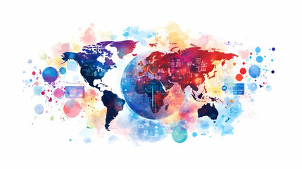 Fototapeta premium Globe with corporate logos, brand influence across continents, watercolor style. Biological Influence. Illustration