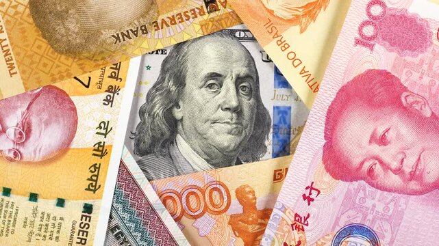 US dollar bill against BRICS currencies. USA dollar vs BRICS common money. 4K stock video footage