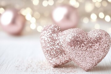 Fototapeta premium Two sparkling pink hearts on a white wooden surface with a blurred background.