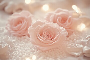 Three soft pink roses surrounded by decorative lights on a textured background.