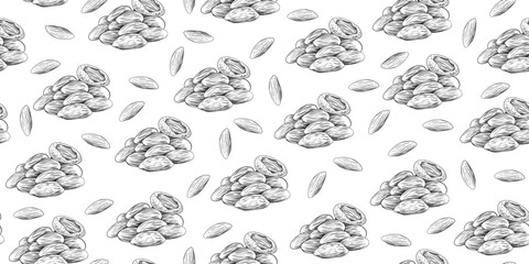 Seamless pattern with pile of almonds in sketch style. Black and white engraved almond isolated on white background. Background with hand drawn nuts