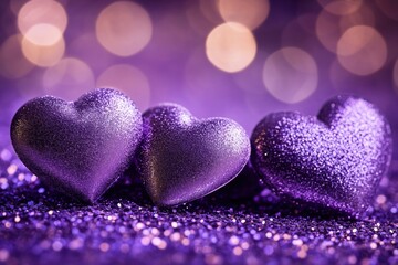 Fototapeta premium Three sparkling purple hearts on a glittery background with bokeh lights.