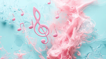 Fototapeta premium Pink Music Notes and Treble Clef with Soft Pastel Pink and Light Blue Ink in Water, Creative Background
