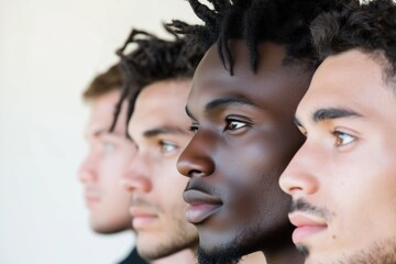 Four young men of different ethnicities standing side by side, showcasing diversity and friendship.