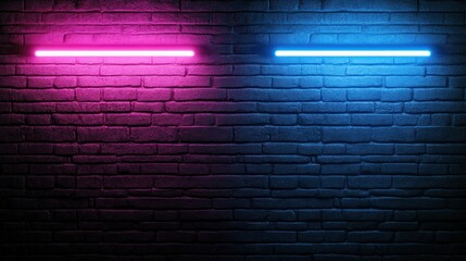A vibrant wall lit with pink and blue neon lights creates a modern artistic backdrop.