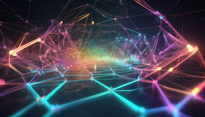 Fototapeta premium Digital Network: Futuristic image featuring interconnected lines and dots, representing data flow and technological advancement, illuminated by vibrant neon lights