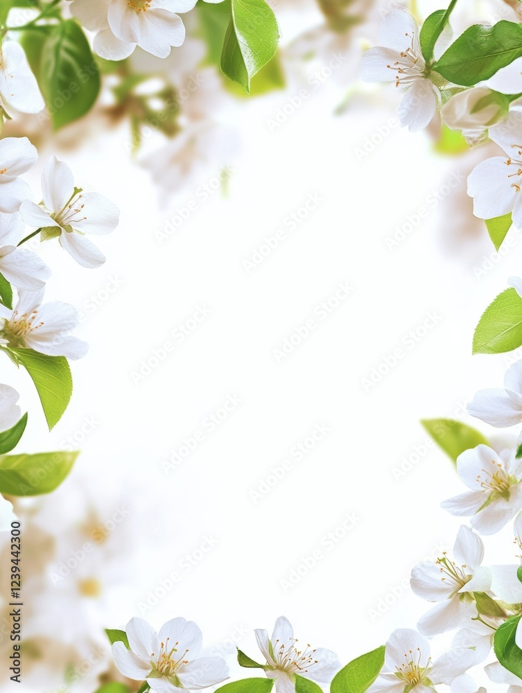 Poster white floral frame with green leaves surrounding a blank background for decoration in spring. genera
