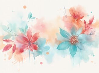 Obraz premium Vibrant floral watercolor background with red and blue flowers surrounded by soft splashes and copy space 