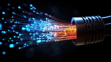 Futuristic fiber optic cables emitting colorful lights in dark background.