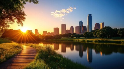 Serene sunset over a city skyline, reflecting in a tranquil lake surrounded by greenery.
