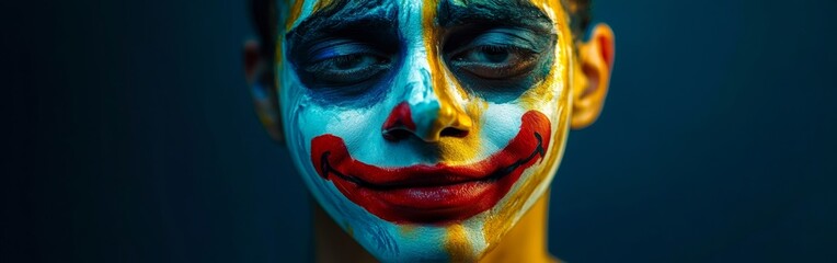 Obraz premium A person wears a colorful painted smile mask, masking their true feelings. The bright colors contrast with their subtle expression, capturing a profound moment of hidden sadness