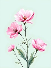 A vibrant pink flower with buds on a green watercolor background, leaving ample copy space for text or design
