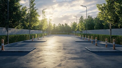 Obraz premium Empty parking lot at dawn with trees, hedges, and a fence