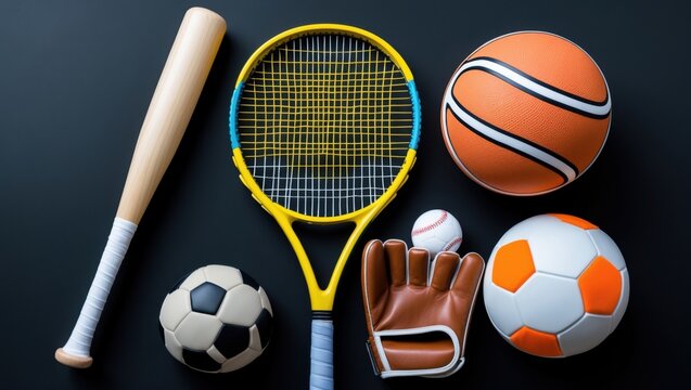 collection of various sports equipment, including a baseball bat, a basketball, a soccer ball, a baseball glove, and a tennis ball. The equipment is arranged on a black background