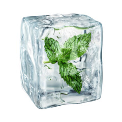clear ice cube with a fresh mint leaf frozen inside, isolated on a transparent background, clean winter theme