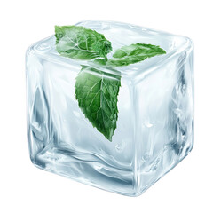 clear ice cube with a fresh mint leaf frozen inside, isolated on a transparent background, clean winter theme