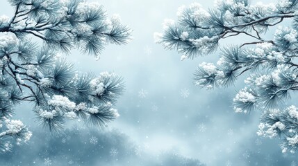 Winter Scene with Snowflakes and Pine Branches.