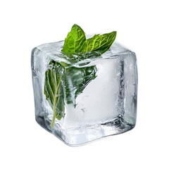clear ice cube with a fresh mint leaf frozen inside, isolated on a transparent background, clean winter theme