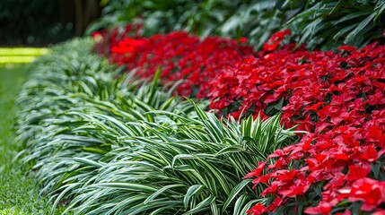 Red poinsettias border, green grass, garden, landscaping, Christmas