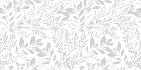 Seamless background grey graphic leaves. hand drawing. Not AI, Vector illustration.