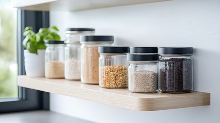 Kitchen shelf with grains, herbs, window view