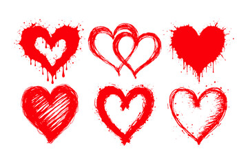 Set of red hand-drawn hearts with paint splatters and strokes, on white background, representing love. Valentine's day, wedding illustration.