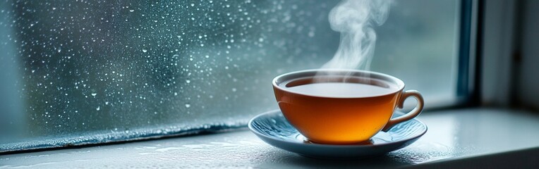 A steaming cup of tea rests on a windowsill as rain cascades down the glass. The tranquil moment invites relaxation and introspection, perfect for a calm afternoon. With copy space for text