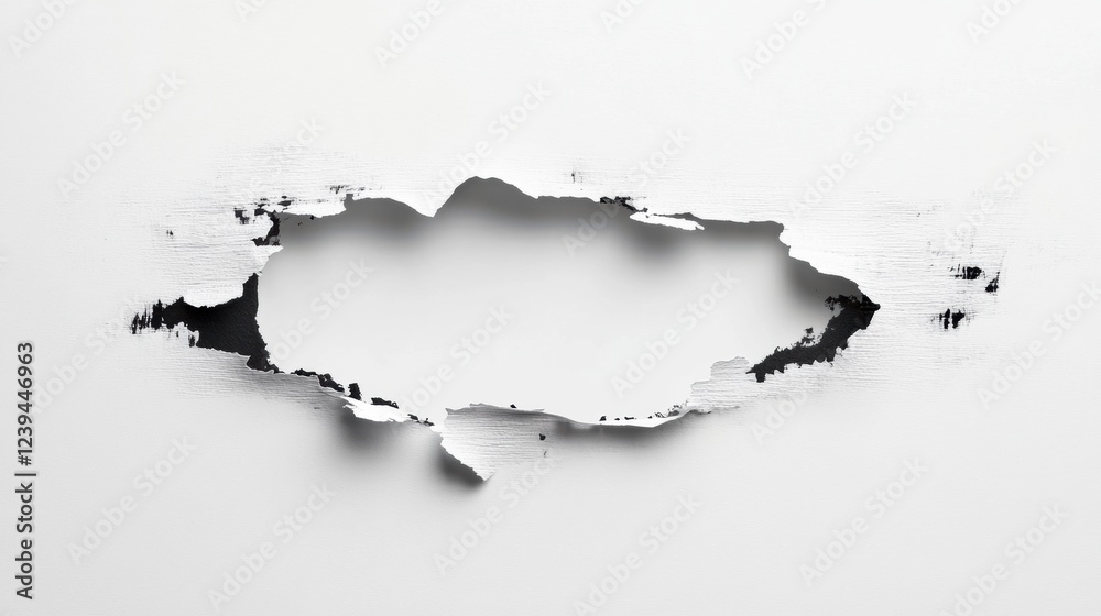 Poster peeling paint on a wall reveals an abstract shape resembling a country outline in a minimalist setti