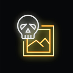 Neon icon of a skull over a picture frame representing sensitive content, internet dangers and warnings