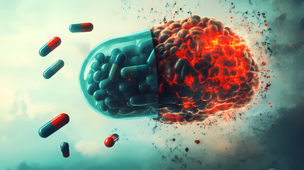 Brain pills impact: medication affects cognitive function effectively. Biological Influence. Illustration